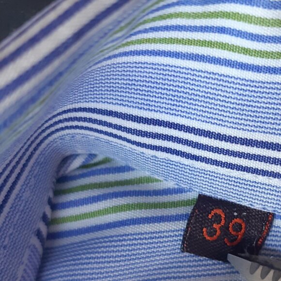 ETRO Milano SZ 39 Blue, Green & White Stripe Men's Cotton Button Up Shirt - Picture 8 of 12